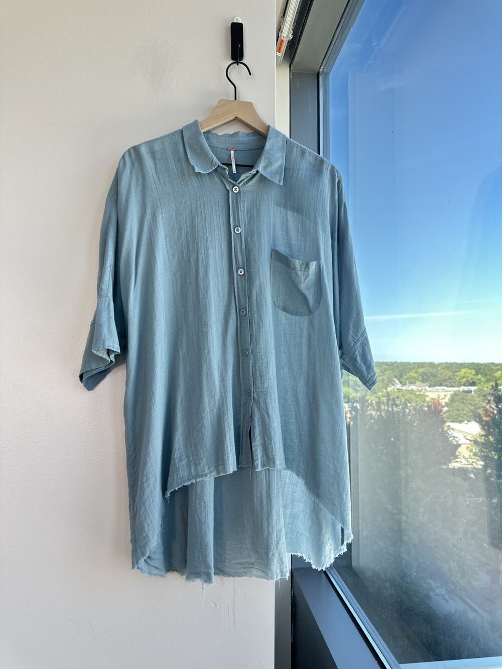 Free People Best Of Me Cotton Oversized Faded Blue Button Up Shirt Sz M
